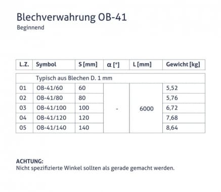 Blechverwahrung OB-41 - Beginnend - tabela