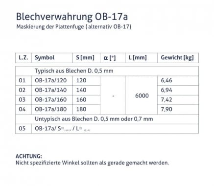 Blechverwahrung OB-17a - Maskierung der Plattenfuge (alternativ OB-17) - tabela