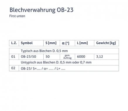 Blechverwahrung OB-23 - First unten - tabela