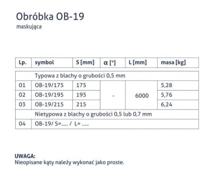 Obróbka OB-19 - Maskująca - tabela