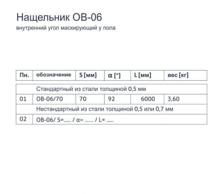 Нащельник OB-06 - Внутренний угол маскирующий на полу - tabela