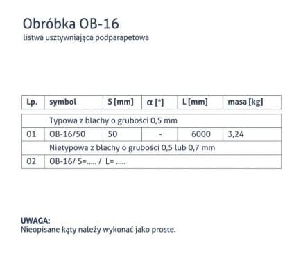 Obróbka OB-16 - Listwa usztywniająca podparapetowa - tabela