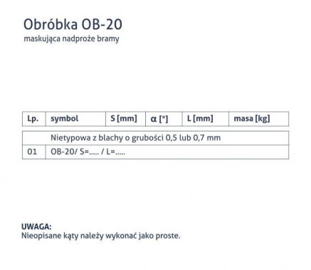 Obróbka OB-20 - Maskująca nadproże bramy - tabela