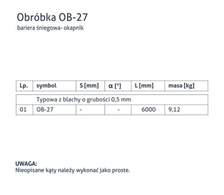 Obróbka OB-27 - Bariera śniegowa - okapnik - tabela