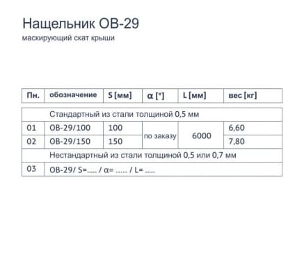 Нащельник OB-29 - Маскирующий скат крыши - tabela
