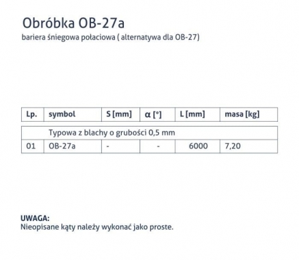 Obróbka OB-27a - Bariera śniegowa połaciowa - tabela