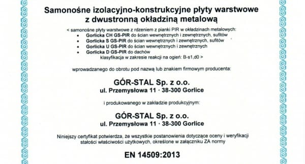 Certyfikat dla Płyt Warstwowych GORLICKA