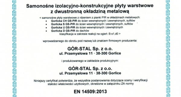 Certificate for GORLICKA sandwich panels